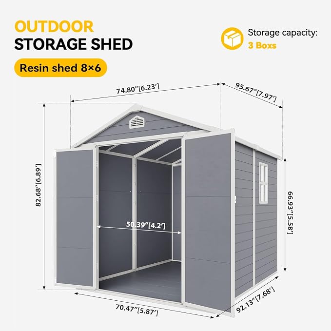 Aoxun 6x8 FT Outdoor Storage Shed, Garden Resin Shed with Floor and Window for Patio, Lawn, Plastic Outdoor Storage with Lockable Door for Bike, Tools, Garbage Can, Grey