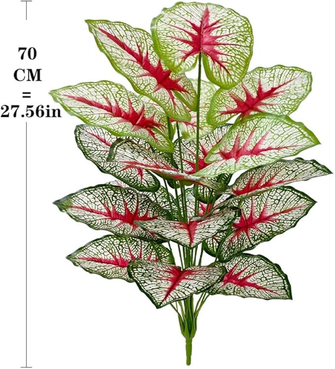Artificial Caladium Plant with Red and Green Leaves, Red Leaf Artificial Plants Decoration Simulated Bonsai Potted Decor Home Room Party Wedding Office Floor (White(No Flowerpot), 75cm)