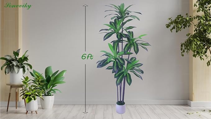 6ft Artificial Dracaena Tree for Home Decor, Potted Faux Plant with Realistic Wood Trunk & Lifelike Leaves, Low--Maintenance Tall Floor Tree for Living Room, Office Sonvviky (6ft)