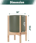 D'vine Dev Planter Pot with Stand - 10 Inch Plastic Cylinder Flower Pot with Wood Planter Holder for Indoor, Olive Pot + Natural Stand, 55-C-M-3