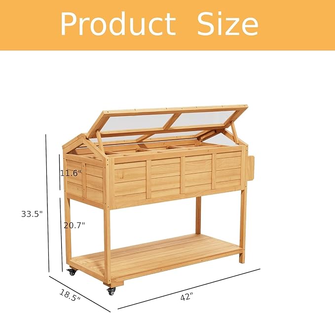 Raised Herb Garden Planter Indoor Outdoor with Wheels for Basil, Parsley, Rosemary, Thyme & Mint , Wooden Seed Starter Grow Box with Cover, Gardening Gifts for Women, Mom, Plant Lovers (Wood)