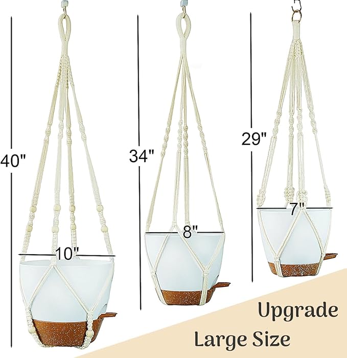 3 Pack 10/8/7 Inch Hanging Planters for Indoor Plants with Self-Watering Hanging Pots with Drainage, 3 Different Size Macrame Plant Hangers with Hooks White Large
