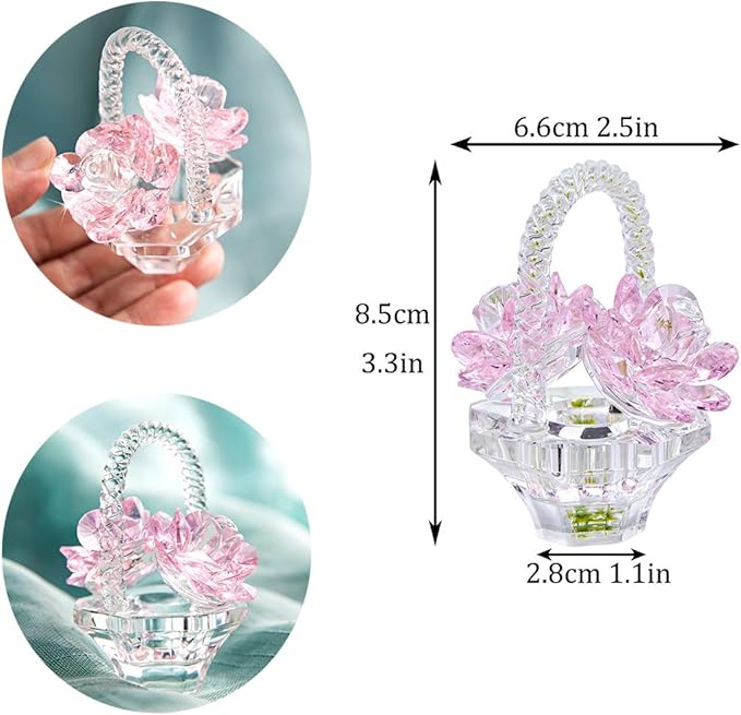 H&D HYALINE & DORA Glass Rose Flower Gift for Women Handcraft Pink Crystal Rose Flower Basket Figurine for Valentine's Day Mother's Day Christmas