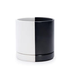 D'vine Dev 6.5 Inch Ceramic Planter Pot with Drainage Hole and Saucer, Indoor Cylinder Round Planter Pot, Split Monochrome Black & White, 94-O-C-0