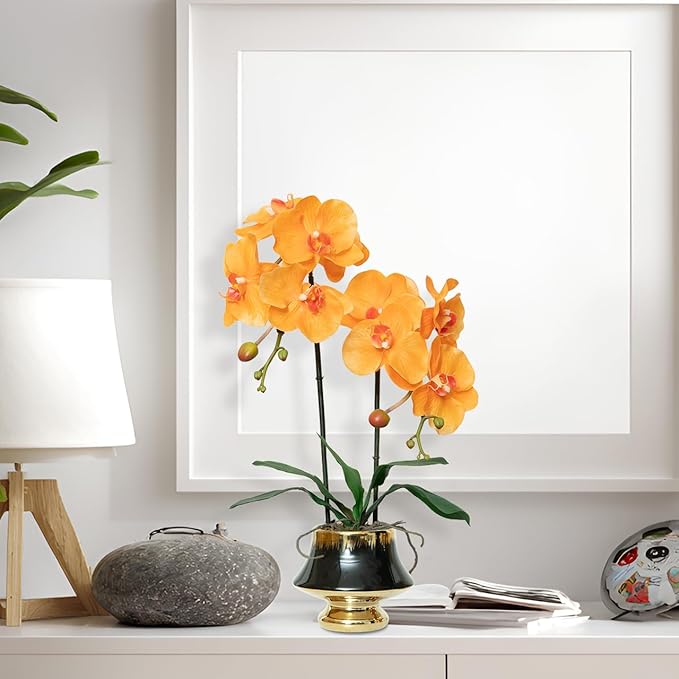 CXGS Orchids Artificial Flowers Realistic Fake Flowers in Ceramic Vase 20" Orange Faux Plants Indoor Lifelike Soft PU Phalaenopsis for Centerpiece Hotel Home Decor
