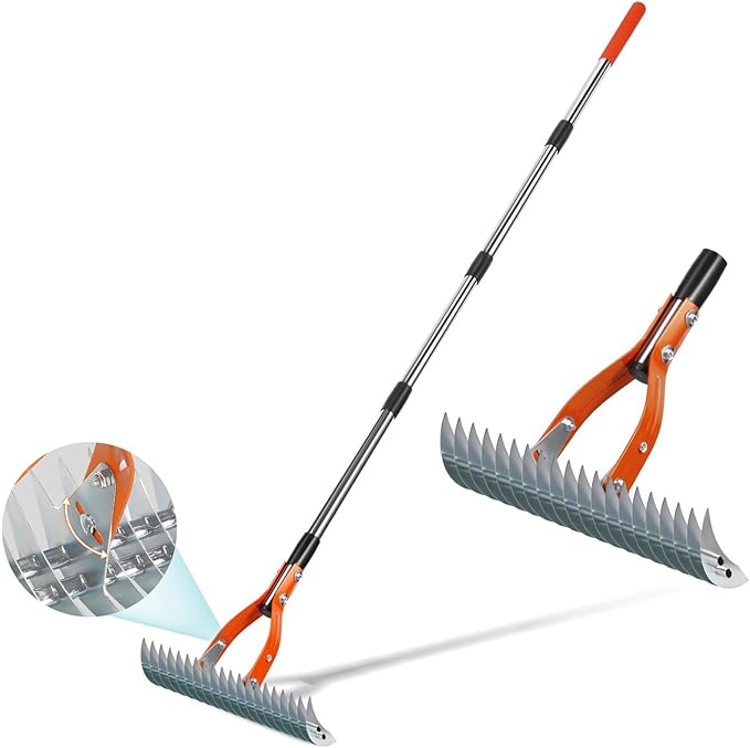 Thatch Rake for Lawns, Yofidra 15" Heavy Duty Metal Dethatcher Rake with 5FT Handle, 70’’ Adjustable Manual Thatcher with 19-Tine for Lawn Loosening Soil, Yard and Removing Dead Grass