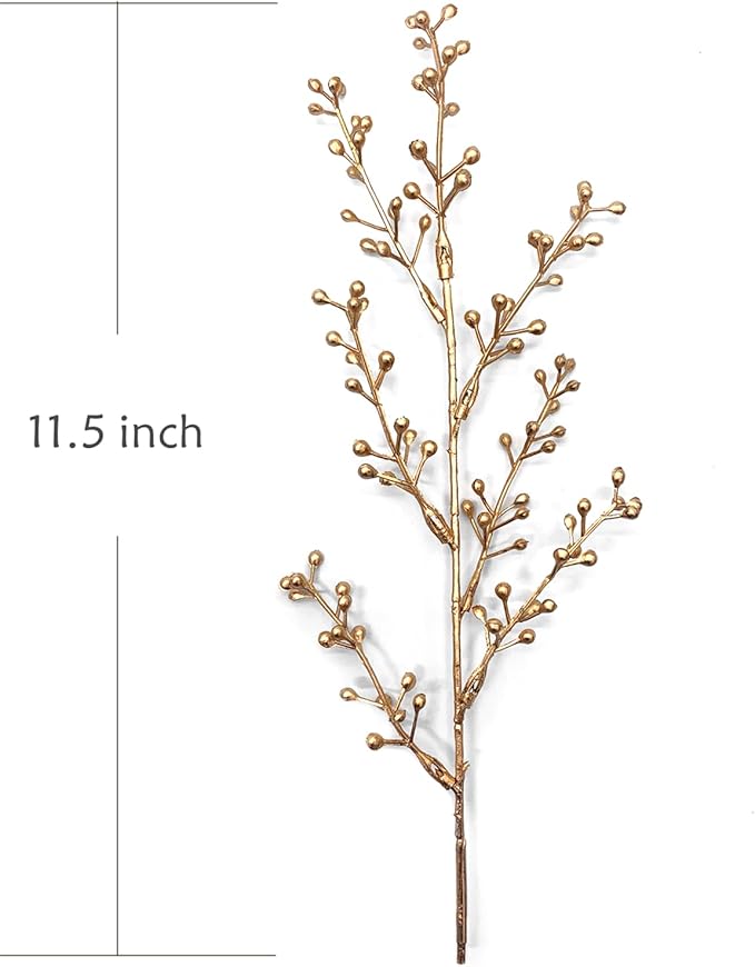 Artificial Golden Berry Stem Decorations, Fake Bead Sticks Picks Plastic Plants for Home Party Christmas Berries Stems Tree Ornaments Wreath Crafts DIY Gift Wedding Bouquet Xmas Decor Gold 6 Pcs