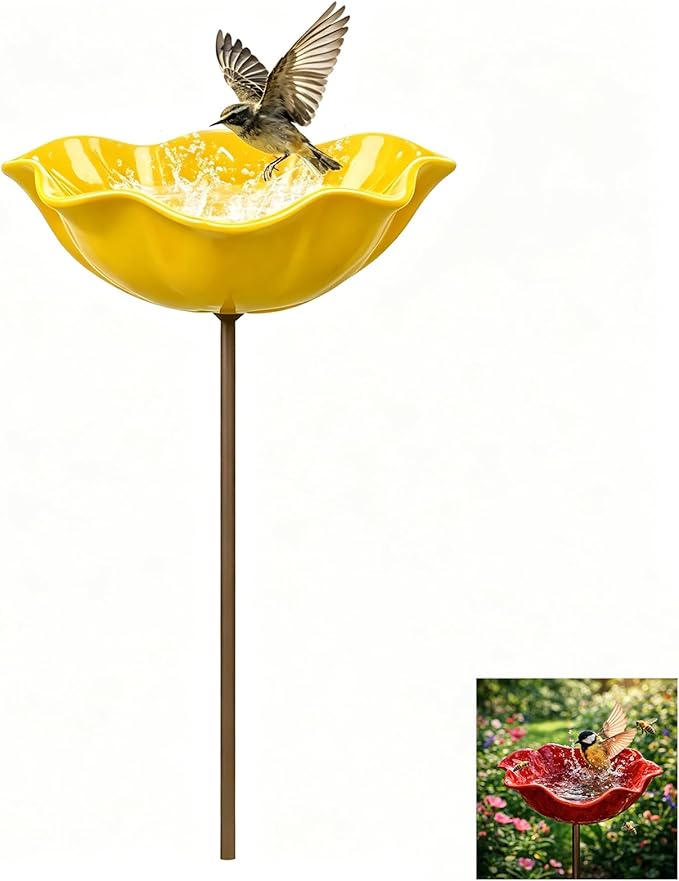 Handmade Metal Flower Garden Stake Bird Bath, Hummingbird Feeder, Bee & Butterfly Puddler, Mini Pollinator Watering Station for Garden Patio Lawn Yard Decor, Yellow, 1PCS