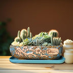 MUZHI 9.5” Rectangular Ceramic Rustic Bonsai Planter Pots with Drip Tray, Glazed Vintage Wide Mouth Shallow Pottery Bonsai Flower Planter Pots with Saucer