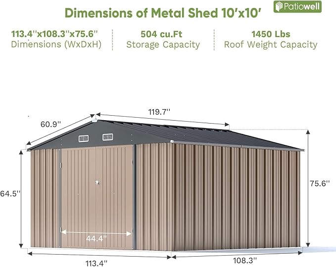 Patiowell 10x10 FT Storage Shed, Outdoor Metal Sheds with Lockable Door and Sloping Roof, Waterproof Outside Large Garden Tool Shed with Breathable Vents for Patio Lawn Backyard, Brown