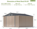 Patiowell 10x10 FT Storage Shed, Outdoor Metal Sheds with Lockable Door and Sloping Roof, Waterproof Outside Large Garden Tool Shed with Breathable Vents for Patio Lawn Backyard, Brown