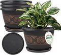 Usocik 4 Pack 10 inch Plant Pots, Retro Pattern Planters with Drainage Holes and Saucer, Sturdy Plastic Garden Flower Pots for Indoor & Outdoor Plants