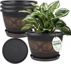 Usocik 4 Pack 10 inch Plant Pots, Retro Pattern Planters with Drainage Holes and Saucer, Sturdy Plastic Garden Flower Pots for Indoor & Outdoor Plants