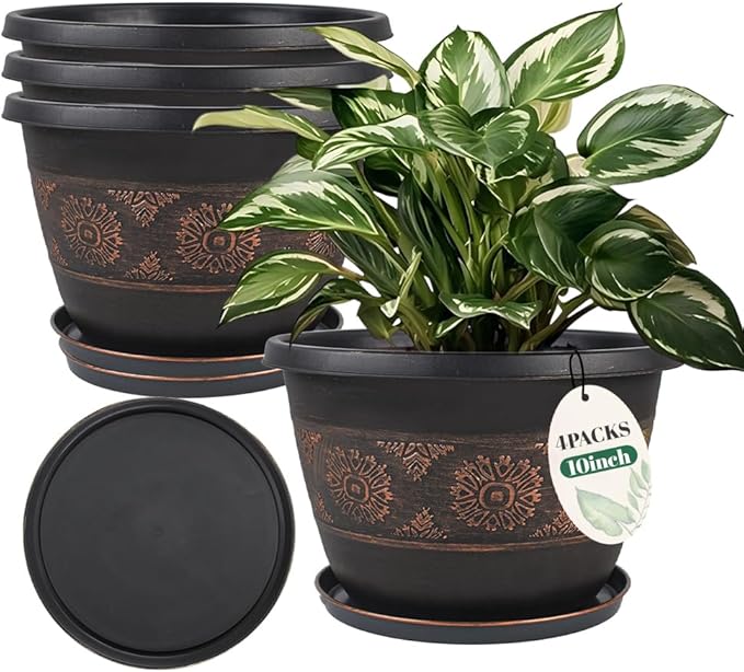 Usocik 4 Pack 10 inch Plant Pots, Retro Pattern Planters with Drainage Holes and Saucer, Sturdy Plastic Garden Flower Pots for Indoor & Outdoor Plants