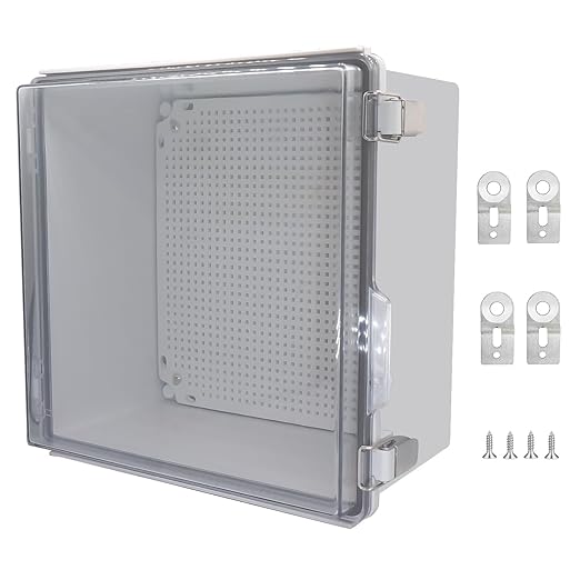 Waterproof Junction Box, ABS Plastic Electrical Box with Stainless Steel Latch, Hinged Cover Electric Project Enclosure Box with Mounting Plate, Wall Brackets,Clear 11.8"x11.8"x7.1"