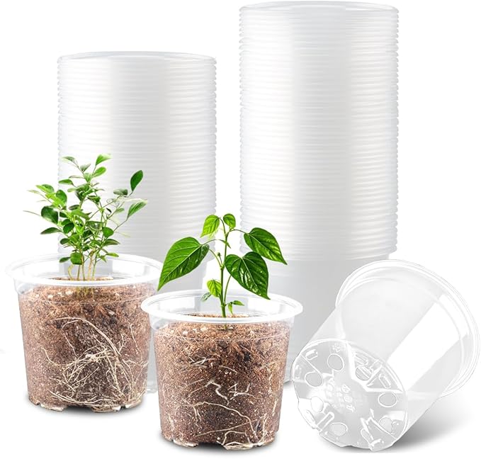RooTrimmer 100 Pack 4 Inch Clear Plant pots with Drainage Holes, Transparent Nursery Seeding Pots, Flexile Seeds Starter Pots, Seeds Germination (4Inch,100P,Clear)
