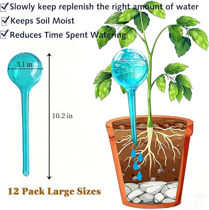 Plant Self Watering Globes, Large 12pcs Flower Automatic Watering Bulbs, Plastic Plant Flower Self Watering Devices, Garden Self Watering Planter Insert for Daily Vocation Watering, Forgetful Gardener