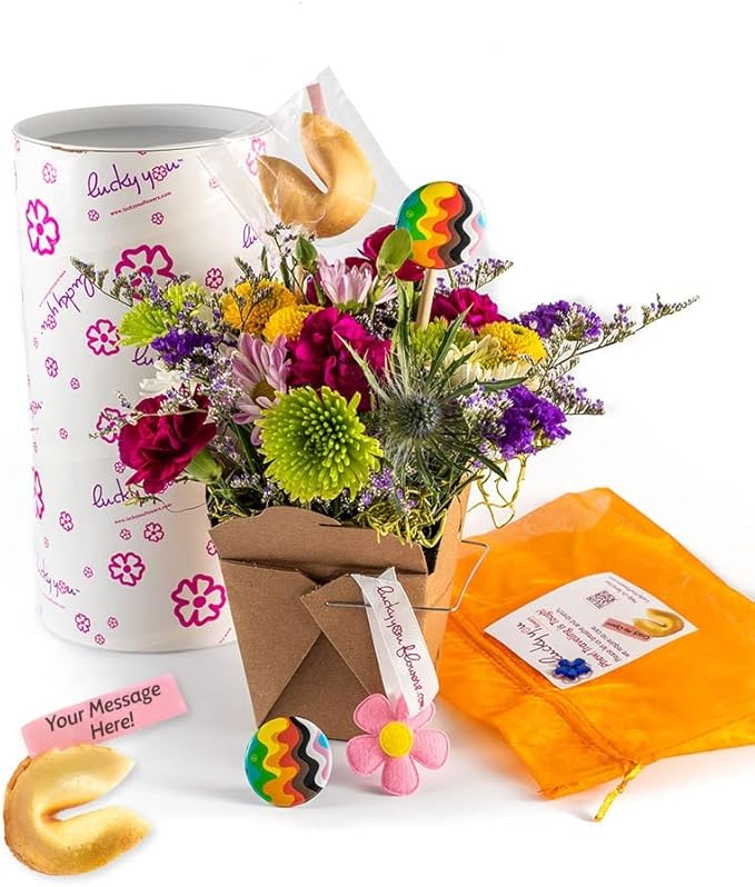 Pride Fresh Cut Live Flowers Arranged in a Takeout Container with Your Personal Message Tucked Inside a Fortune Cookie