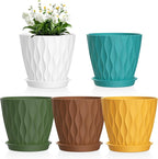 Meowell 6 inch Plant Pots, 5Pack Water Ripple Flower Pots for Indoor Outdoor Plants, Plastic Planters with Drainage Holes and Saucers, Nursery Pots for Small Succulent Garden House Plants, Multicolor