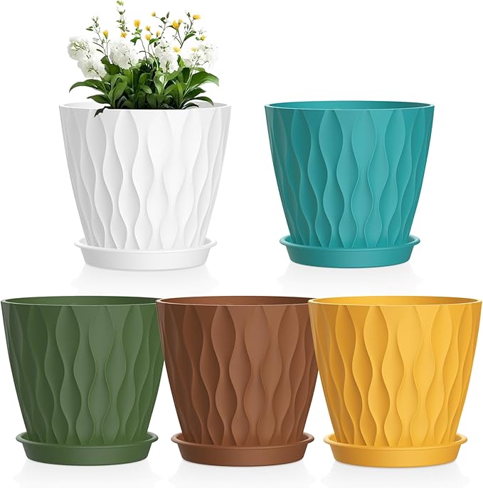 Meowell 4 inch Small Plastic Nursery Pots, Seedling Pots, 5 Set Water Ripples Plant Pots for Indoor Plants, Flower Pots with Drainage Holes and Saucers, Seed Starter Pots for Succulent, Colorful