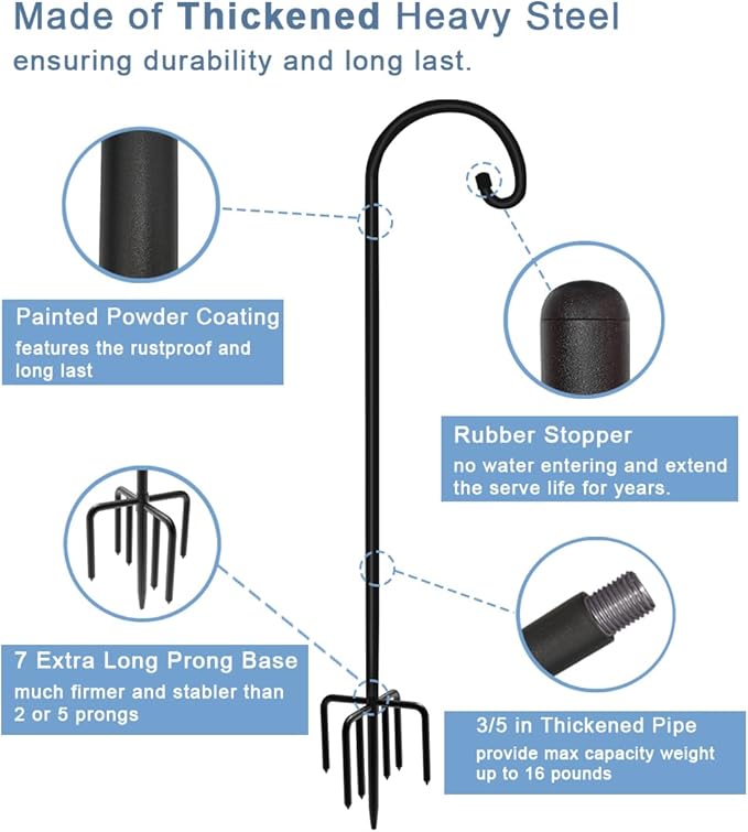 Artigarden 108 inch Outdoor Shepherd Hook with 5 Prong Base (2 Packs), Adjustable Heavy Duty Garden Hanging Stake for Bird Feeder Solar Light Plant Hanger Wedding Decor, Matte Black