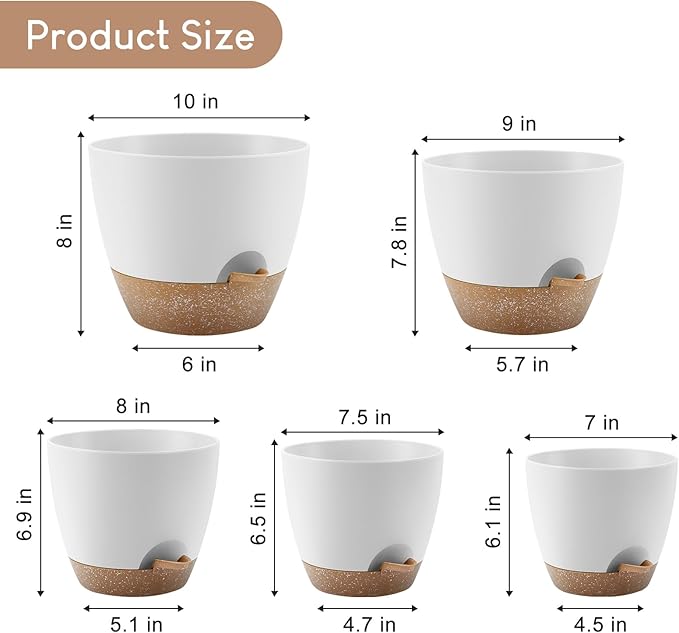 YNNICO Plant Pots 10/9/8/7.5/7 inch, Self Watering Planters with Drainage Holes & Saucers for Indoor and Outdoor Plants (White)