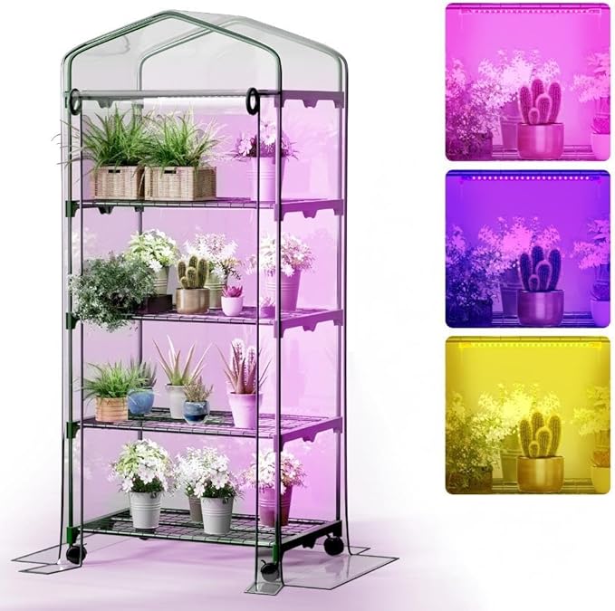 Indoor Greenhouse with Grow Lights & Wheels, 4 Tier Wire Shelf PVC Tent Portable Mini Green House Cabinet Kit for Plant Seed Starting Mushroom Grow