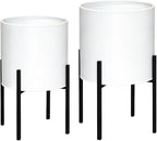 ARNIS Modern Plant Pots, Large Planters with Stand, Set of 2 Decorative Planters, Metal Pots with Drainage Holes for Living Room, Office, Garden or Balcony, 10.5 &12.25 Inch, White