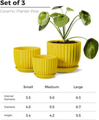 Ton Sin Ceramic Flower Pots,Yellow Plant Pots for Indoor Plants,4.1+5.1+6.5 inch Ceramic Plant Pots with Tray,Medium Indoor Planters for Aloe Cactus Decorative Pots with Drainage Hole (Set of 3)