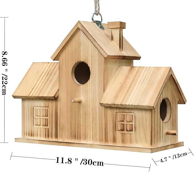 Bird Houses for Outside 3 Hole Bird House Room for 3 Bird Families Outdoor Bluebird Finch Cardinals Wooden Hanging Birdhouse for Garden