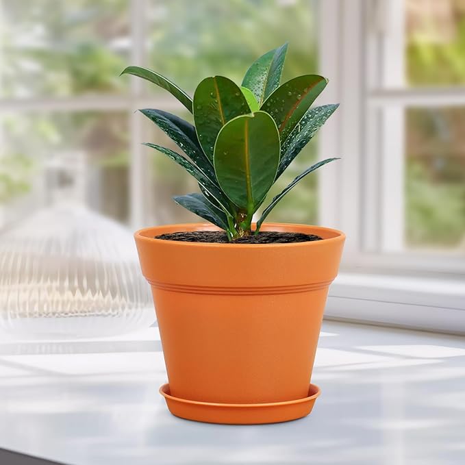 Meowell 4 inch Small Plastic Nursery Pots, 16 Pack Plant Pots for Indoor Outdoor Plants, Flower Pots with Drainage Holes and Saucers, Decorative Seedling Starter Planters for House Plants, Terracotta