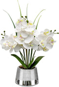 Oairse Artificial White Phalaenopsis Orchid Flower Arrangements Faux Orchid Flower in Silver Pot Orchid Centerpiece for Dining Room Table