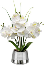 Oairse Artificial White Phalaenopsis Orchid Flower Arrangements Faux Orchid Flower in Silver Pot Orchid Centerpiece for Dining Room Table