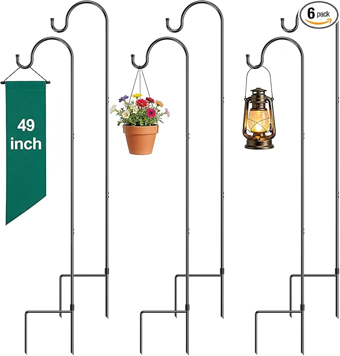 GOFORWILD Shepherd Hooks 6 Pack Adjustable, 49 inches Tall, Premium Metal Garden Hook for Outdoor, Hanging Plant, Solar Lights, Lanterns, Bird Feeders, and Wedding Decor, 7013-3
