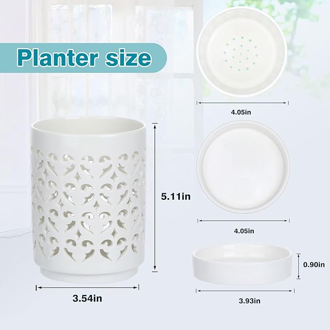 mwellewm Orchid Pot with Holes Ceramic Plant Pots Indoor Outdoor Flower Pots for Repotting with Drainage and Saucer 4 Inch Breathable Slotted Orchids Planter (White)