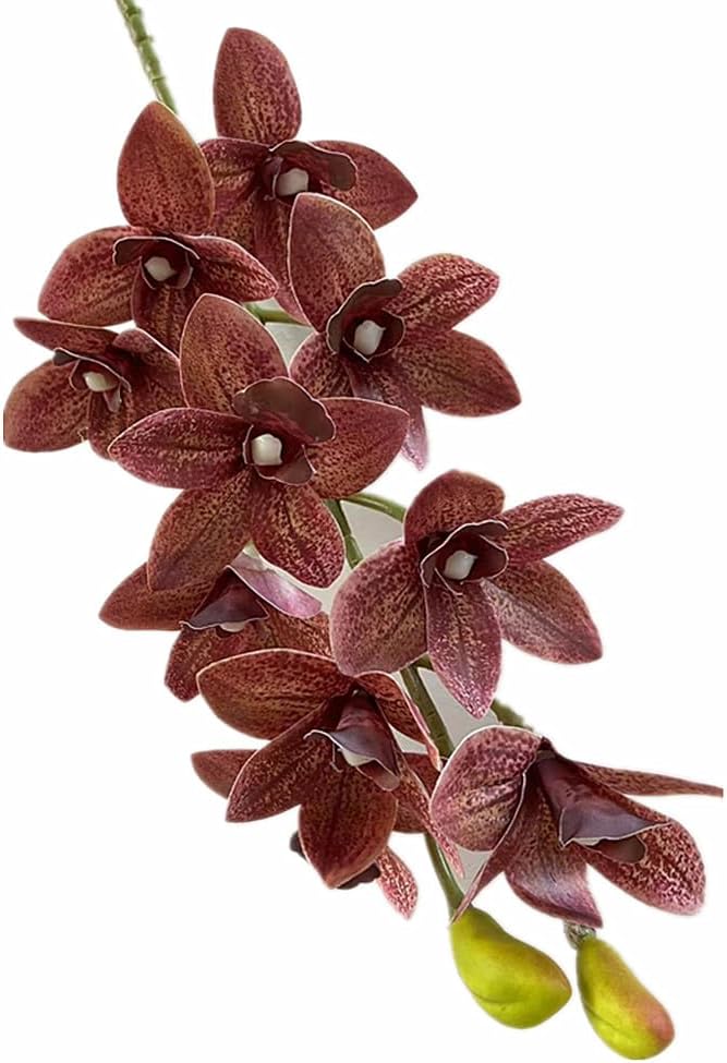 4pcs Artificial Cymbidium Orchid Flower Plant 3D Print Vanda 10 Heads Latex Phalaenopsis Flower (Autumn red)