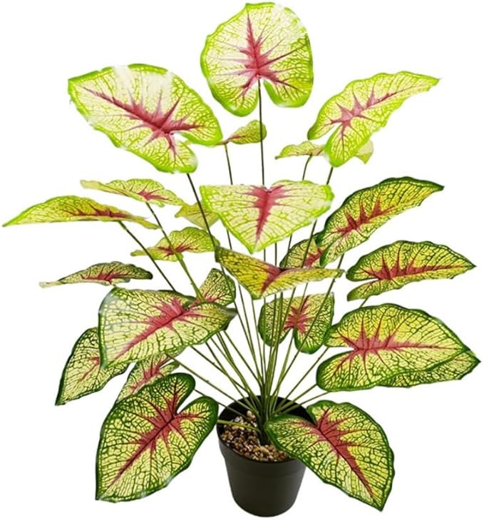 Artificial Caladium Plant with Red and Green Leaves, Red Leaf Artificial Plants Decoration Simulated Bonsai Potted Decor Home Room Party Wedding Office Floor (Yellow(No Flowerpot), 85cm)