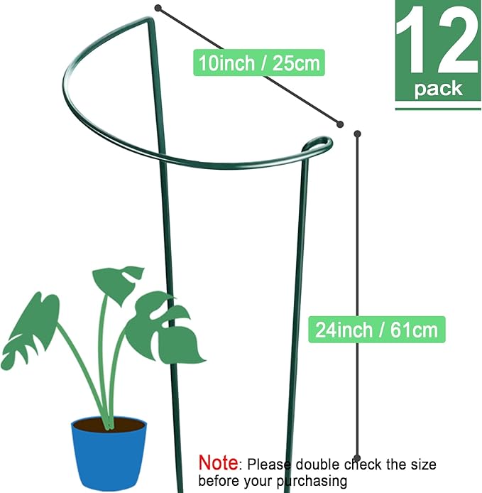 HiGift 12 Pack 10" W x 24" H Plant Stakes for Indoor Plants, Metal Garden Peony Support Cages, Outdoor Plant Supports Ring Prop, Large Plant Stake for Hydrangea,Rose,Flower,Vine,Potted Plants