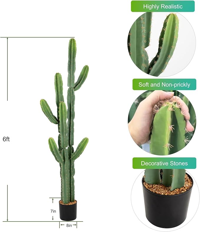 Nafresh UV-Resistant Artificial Fake Cactus Plants 6ft – Large Faux Cowboy Cactus for Indoor & Outdoor Home, Office, or Garden Decor