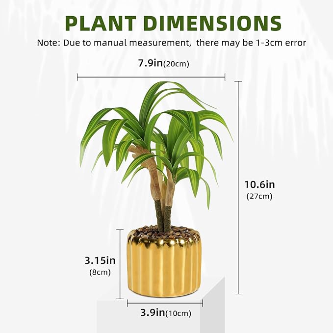 10. 6" Artificial Dracaena Plant with Textured Leaves Golden Ceramic Pot Realistic Faux Greenery Fake Potted Plant Indoor Outdoor Home Decor for Living Room Office Garden Table Centerpiece