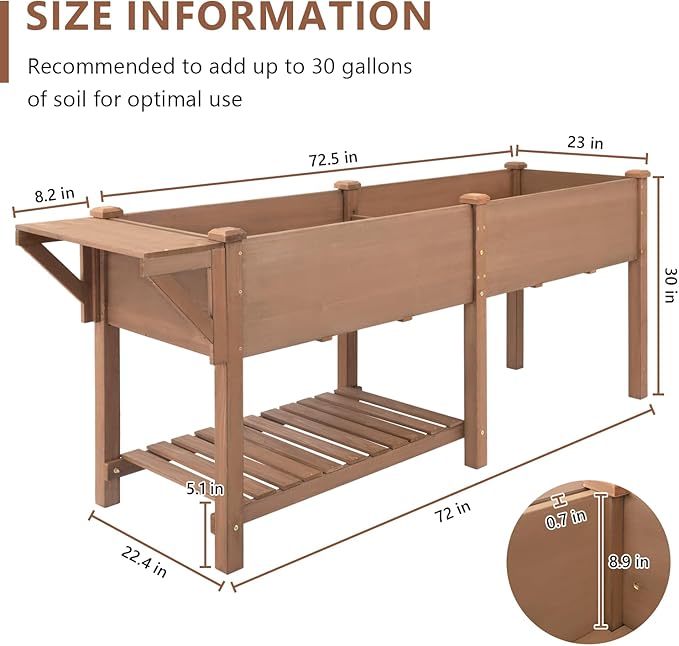 ketive Raised Garden Bed with Legs Outdoor,Elevated Garden Box,Storage Shelf, Protective Liner for Backyard,Patio,Balcony,80x23x30in (Brown)