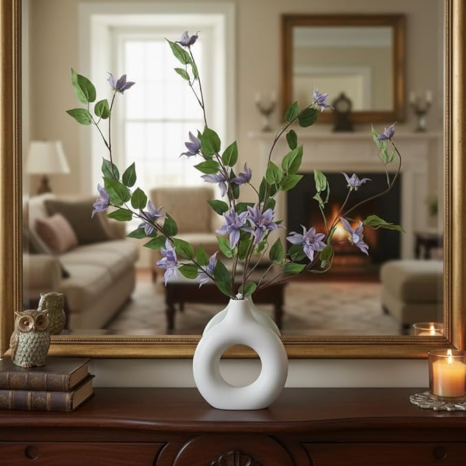 4pcs Blue Purple Artificial Clematis Flower Branches Greenery Stems, 29.5" Long Stem Realistic Silk Faux Flower Plants for Vase, Home Wedding Office Table Centerpiece Decor
