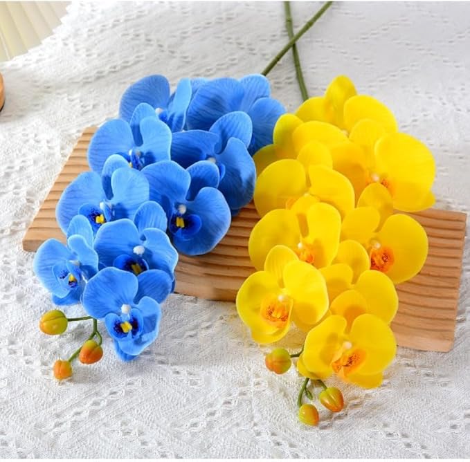 2 Pcs Orchid Stems 38" Artificial Flowers Real Touch Latex Faux Phalaenopsis Branches White Artificial Flowers for Wedding Party Home Garden Decor (Blue, 38")