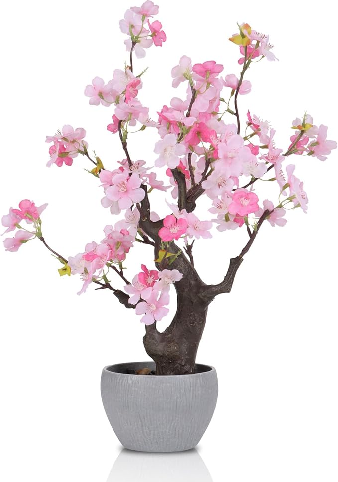 TOARTi Artificial Pink Cherry Blossom Potted Plant with Stone Pot, 18" Tall Fake Flowers Faux Plants Desk Plant, Realistic Plants Home Indoor Decor for for Home Bedroom Bathroom Office Desk