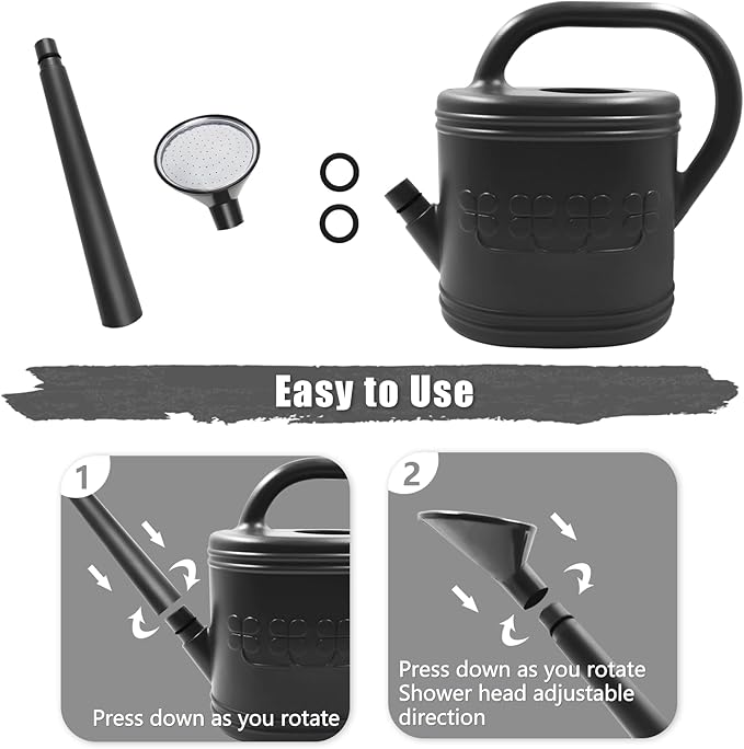 2 Gallon Watering Can, Outdoor Watering Can for Plants, Garden Water Can with Removable Long Spout and Stainless Steel Sprinkler Head, Large Water Can for Greenhouse (Black, 2 Gallon)