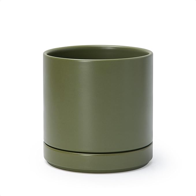 D'vine Dev 6.5 Inch Ceramic Planter Pot with Drainage Hole and Saucer, Indoor Cylinder Round Planter Pot, Olive, 94-O-C-J