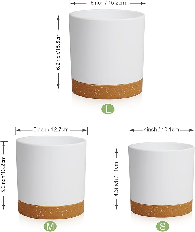 WSMKSZ 3 Pack 6/5/4 inch Cylindrical Flower Pots, Modern Small Round Plastic Plant Pots with Drainage Holes & Saucers, Clean and Refined Planter Pots for Outdoor, Indoor & Office Decor (White Brown)