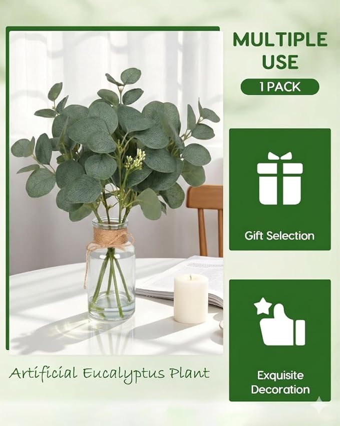 Velener Faux Eucalyptus Stems in Vase with Faux Water, Fake Plants Indoor Artificial Eucalyptus Plant for Home Decor, Kitchen Bathroom Farmhouse Living Room Coffee Table Centerpieces for Tables Green