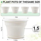 Pottiffe 10 Inch Plastic-Flower-Pot-for-Indoor-Plants, 4 Pack Large Outdoor Planter Pot with Drainage Holes & Saucers, Resin Decorative Garden Pots Planters