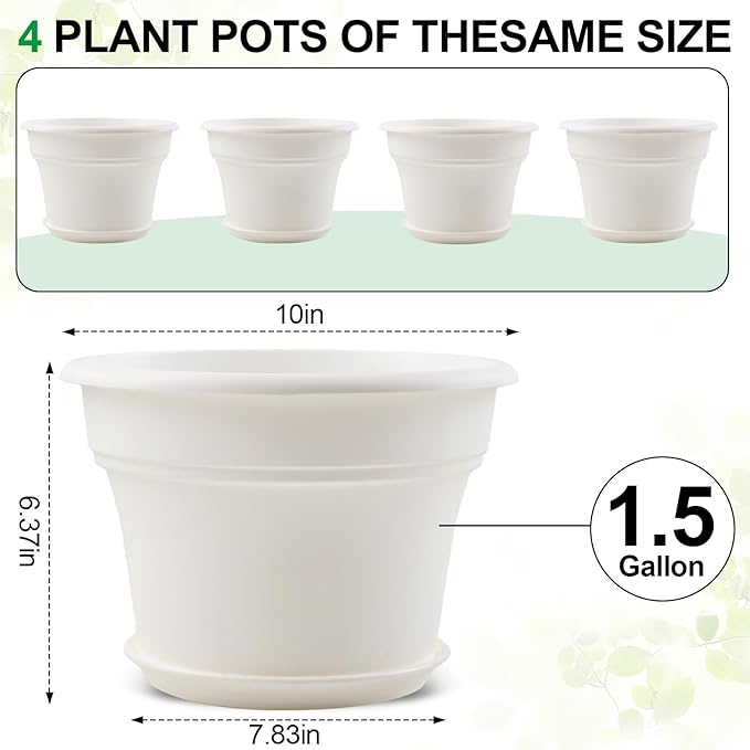 Pottiffe 10 Inch Plastic-Flower-Pot-for-Indoor-Plants, 4 Pack Large Outdoor Planter Pot with Drainage Holes & Saucers, Resin Decorative Garden Pots Planters